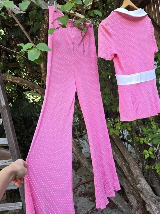 Vintage 60s Pink Polka Dot Two-Piece Set Pants & Top xs - Picture 2 of 16